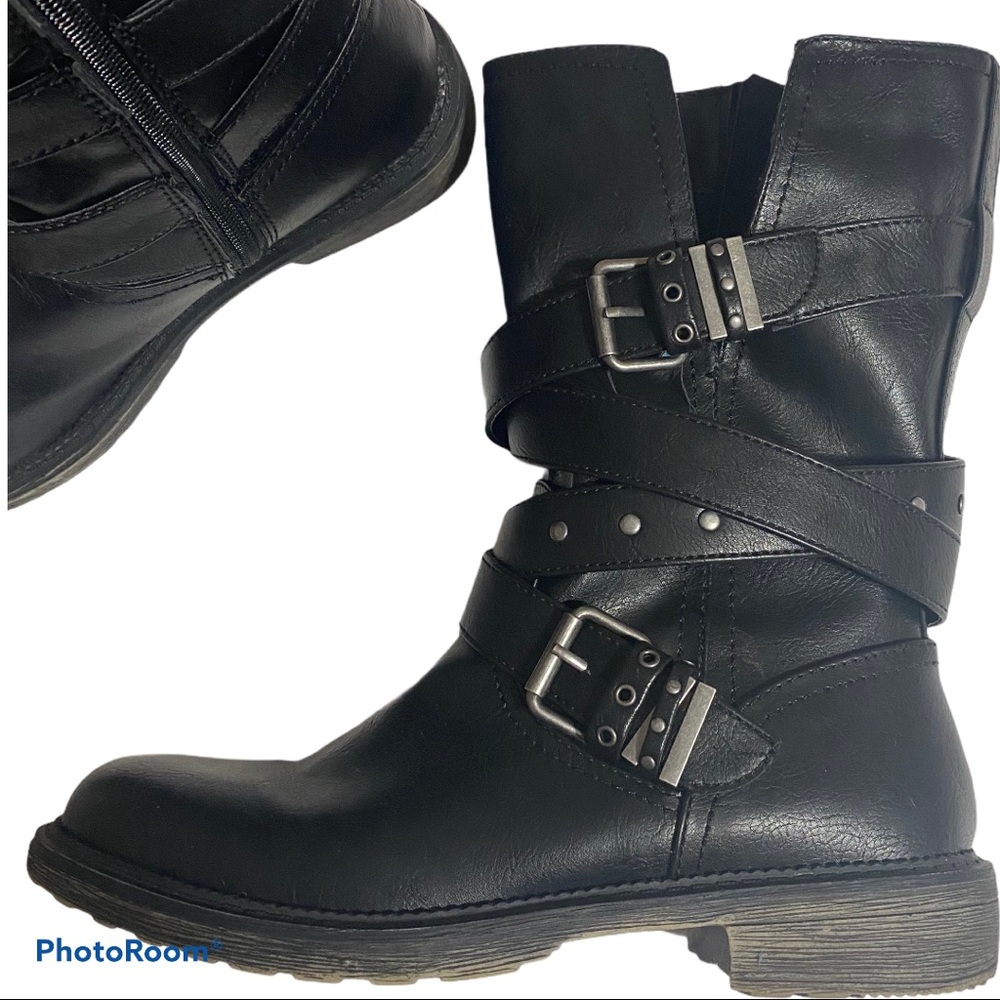 SO Black Women’s Combat Moto Boots with Buckle Straps